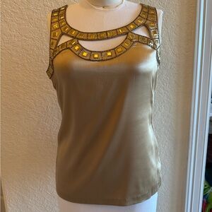 Cache Embellished Gold Silk Tank Top